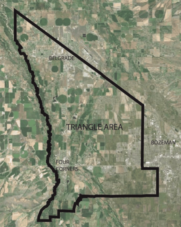 Map of the Gallatin County Triangle area between Bozeman, Belgrade, and Four Corners